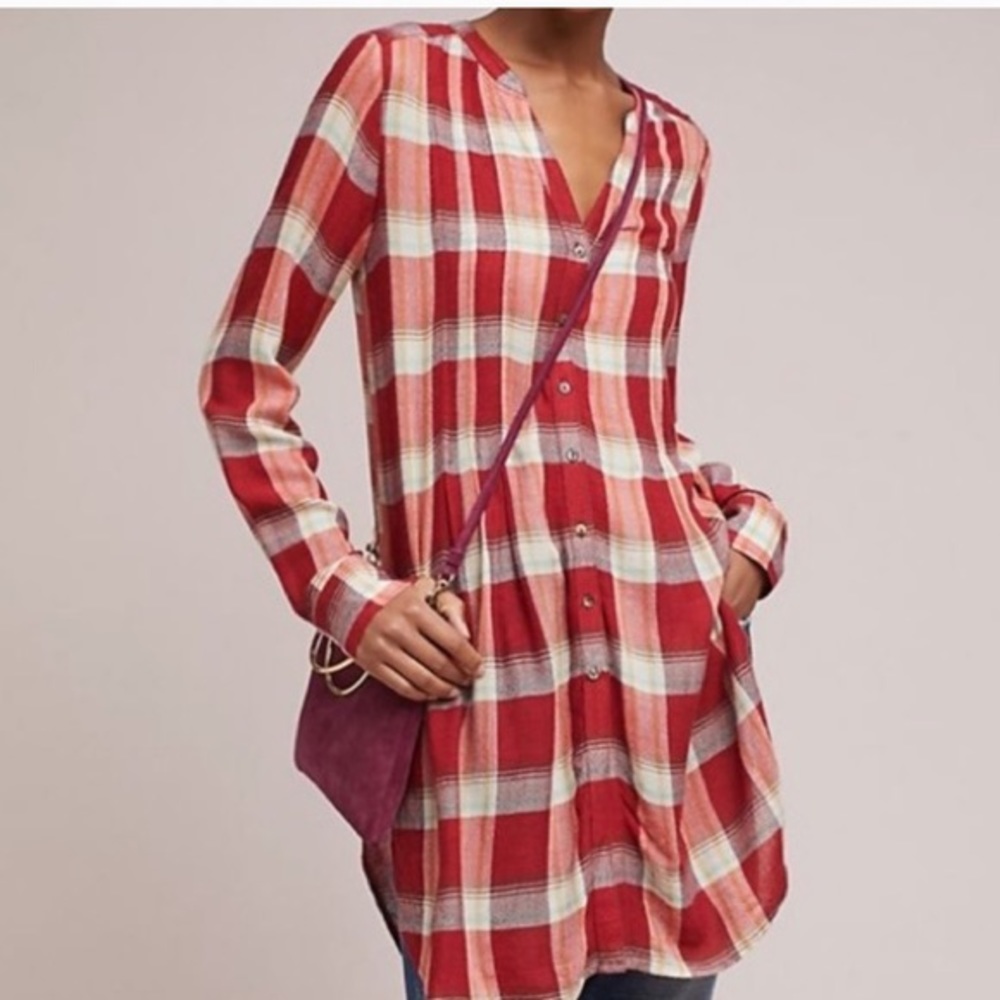 Anthro Akemi + Kin Red Plaid Long Sleeve Tunic Shirt Dress Small